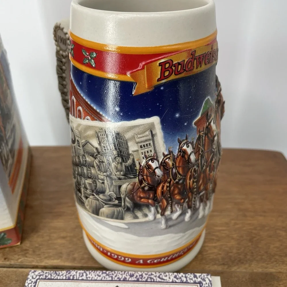 Budweiser 1999 Holiday Stein Mug 20th Anniversary Clydesdales Box‎ And COA